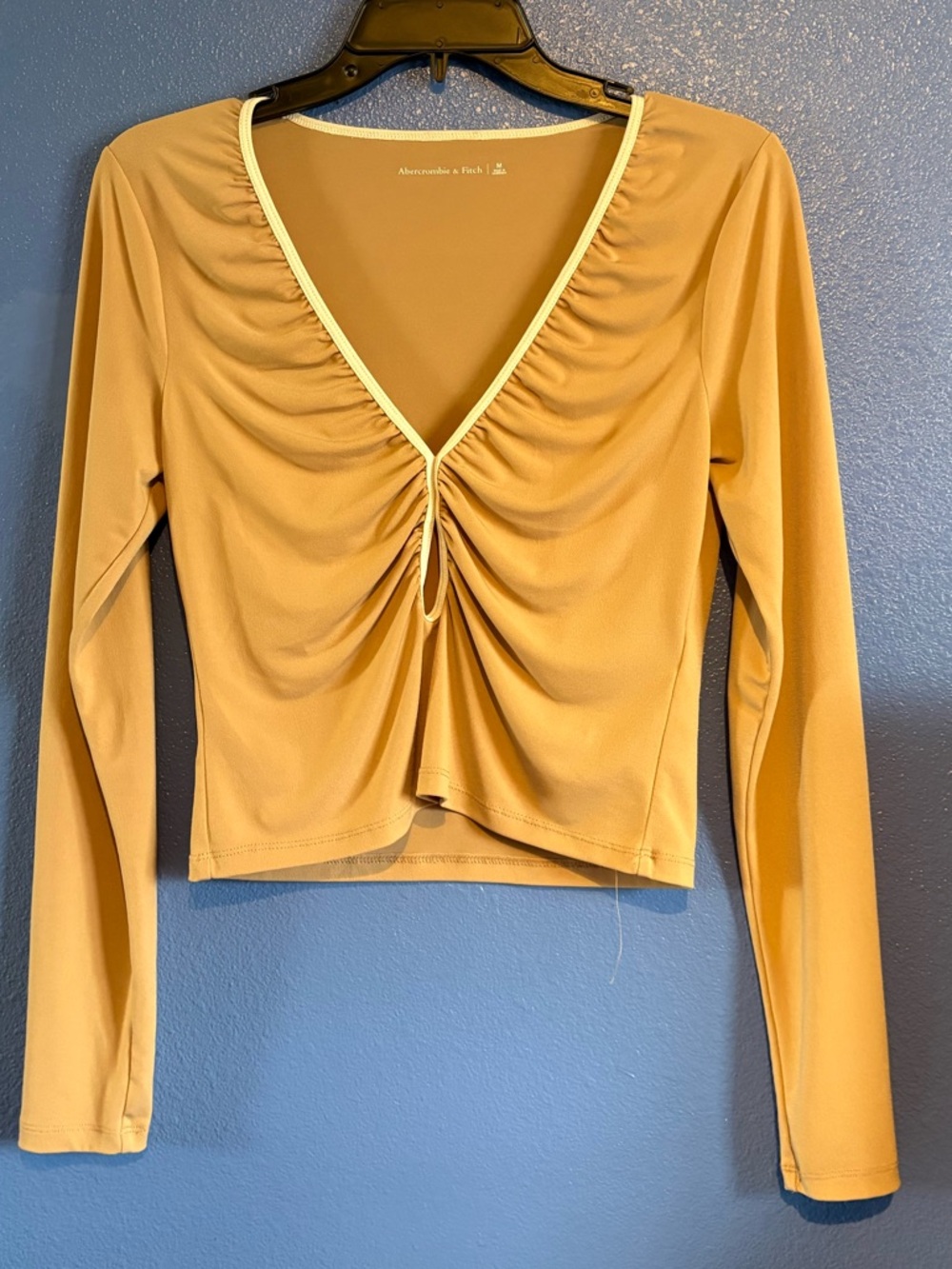 Abercrombie & Fitch Cropped Mustard Ruched V-Neck Long Sleeve Top